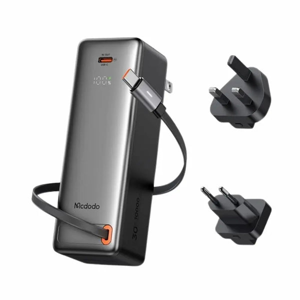 Mcdodo 3-in-1 Power Bank with Digital Display 30W 10000mAh capacity built-in retractable cable and interchangeable plugs (UK/EU/US)