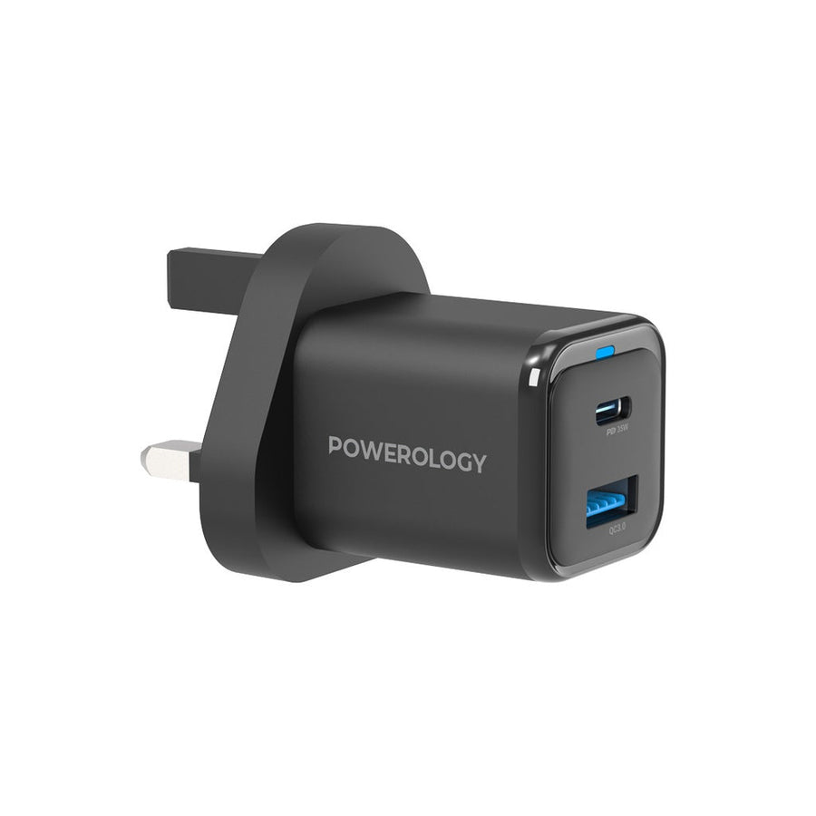 Powerology 35W PD QC 1xUSB-C 35W and 1xUSB-A 18W GaN Charger UK with USB-C Cable